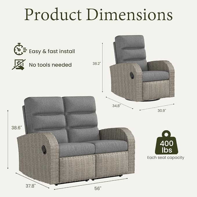 Oversized 3 Pieces Wicker Outdoor Recliner Loveseat - Image 2