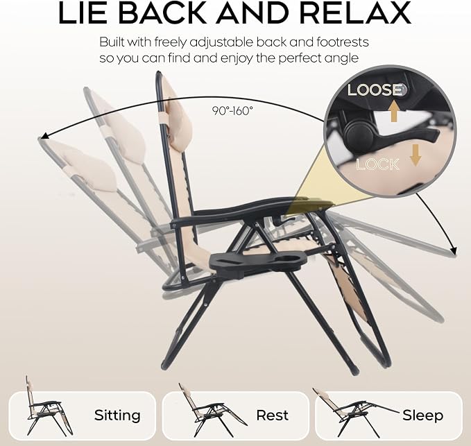 Set of 2 Adjustable Zero Gravity Lounge Chairs Outdoor Recliner w/Cup Holder - Image 5