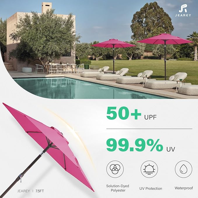 JEAREY 7.5 ft Outdoor Patio Umbrella, Table Umbrella, Rose Pink | 6 Sturdy Ribs - Image 5