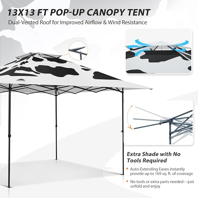 EAGLE PEAK 13x13 Pop Up Canopy Tent, Auto Extended Eaves, Cow Print | Easy Setup - Image 4