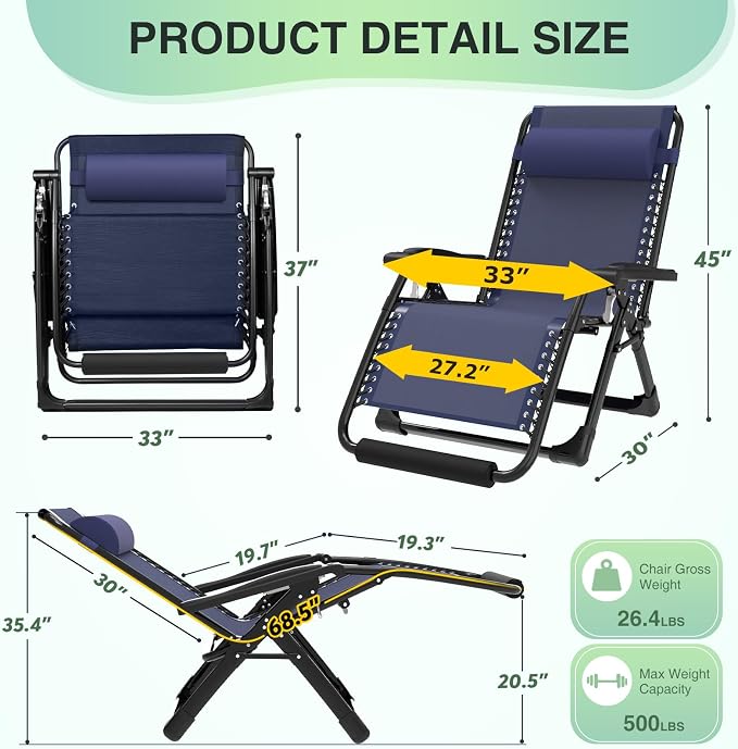 Suteck Oversized Zero Gravity Chair, 500LBS 33" XXL Reclining Lounge Chairs | - Image 2