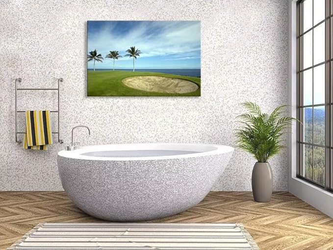 Green Hawaiian Golf Course Wall Art for Living Room Bedroom Bathroom Home Decorations Golf Art Canvas Prints Hawaii Golf Course Picture Poster Framed Artwork Ready to Hang(12''H x 16''W)