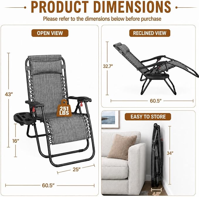 Yaheetech 26" Zero Gravity Recliners Adjustable Set of 2, Cup Holder Trays and - Image 2