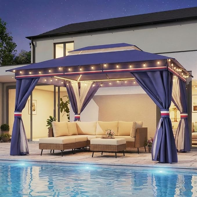 10'x13' Outdoor Gazebo with 50FT String Lights, Metal Heavy Duty Patio Canopy by LAUSAINTHOME