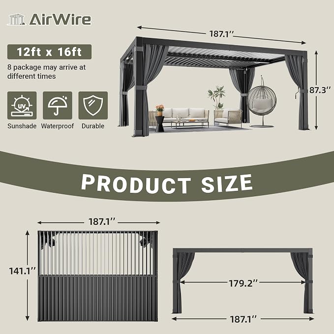 AirWire 12'x16' Louvered Pergola All-Aluminum Gazebo Dark Gray | Outdoor Pergola - Image 2