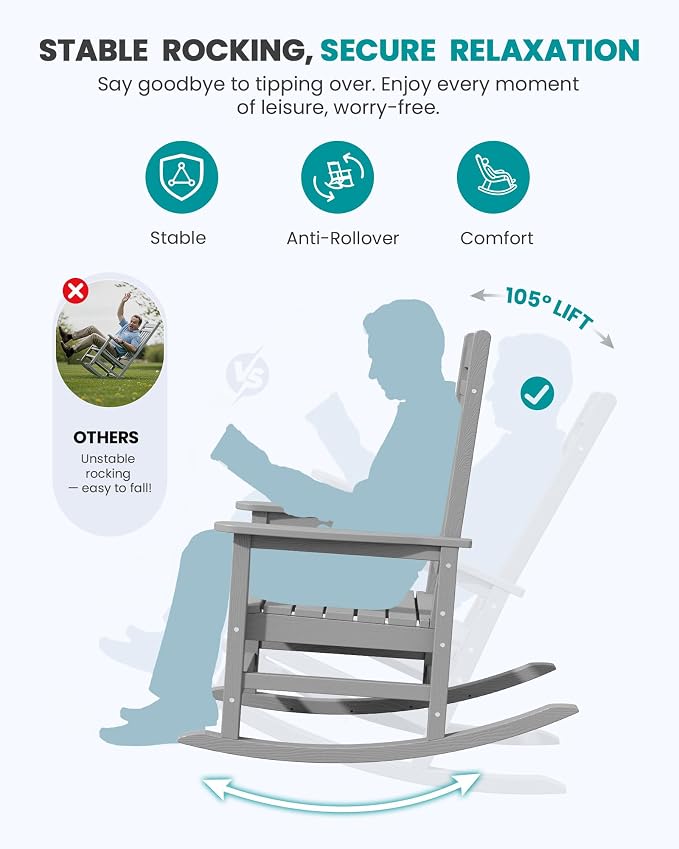 SERWALL Rocking Chair Outdoor, Oversized Patio Rocking Chairs, Light Gray | - Image 5
