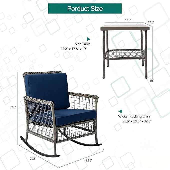 DECMICO 3-Piece Wicker Rocking Chair Set, Outdoor Patio Furniture | Navy - Image 2