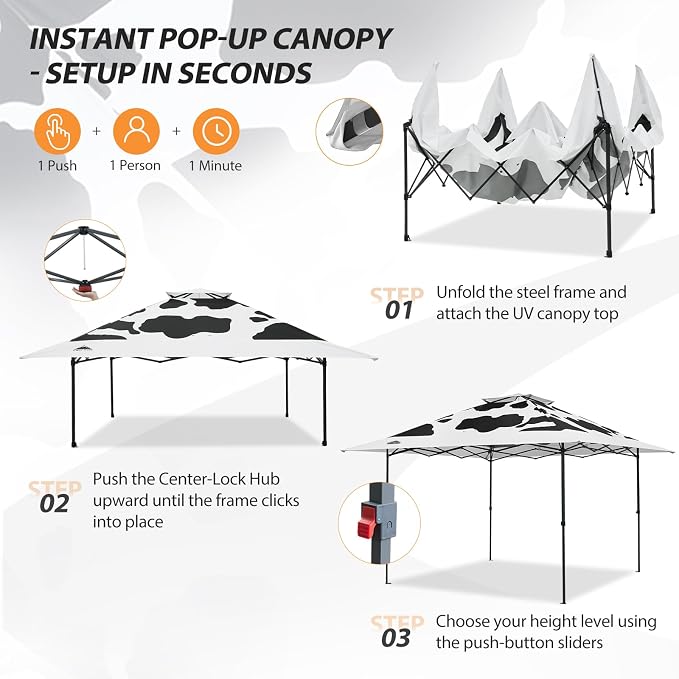 EAGLE PEAK 13x13 Pop Up Canopy Tent, Auto Extended Eaves, Cow Print | Easy Setup - Image 8