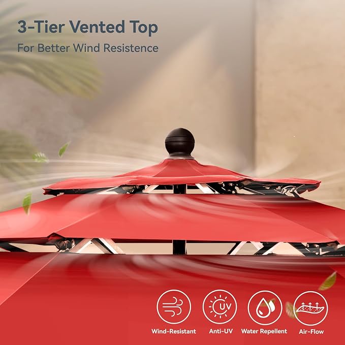 PHI VILLA 10ft Outdoor Patio Umbrellas, 3 Tier Vented Table Umbrella Red | - Image 8
