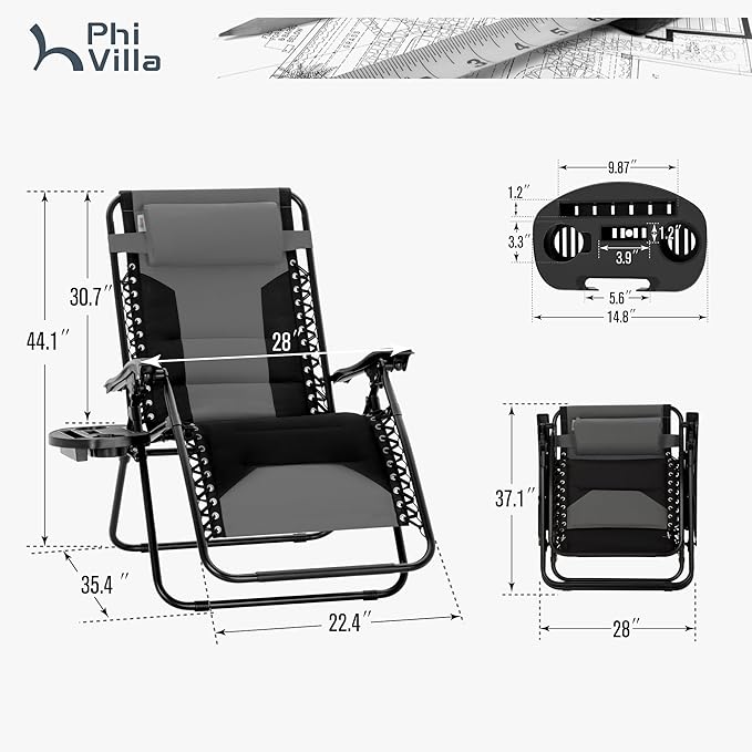 PHI VILLA Padded Zero Gravity Chair Set of 2, Cup Holder, 28in Seat, Supports - Image 3