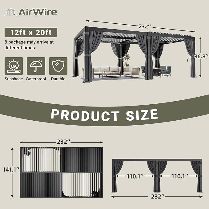 Airwire 12'x20' Louvered Pergola Aluminum Frame Gray | Outdoor Pergola - Image 2