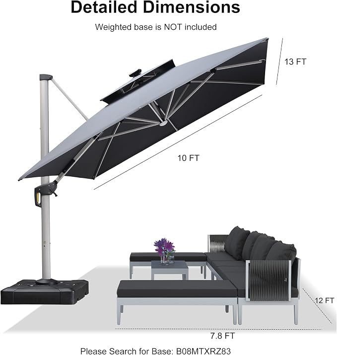 PURPLE LEAF Cantilever Umbrella 10' X 13' Double Top Solar LED Light, Stays - Image 9
