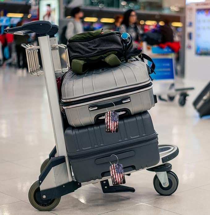 2 Pack American Flag Luggage Tags for Suitcases USA Cool Leather Luggage Tag for Travel Bag Tag Privacy Name ID Card Bag Labels for Friends Adults Kids Tourists