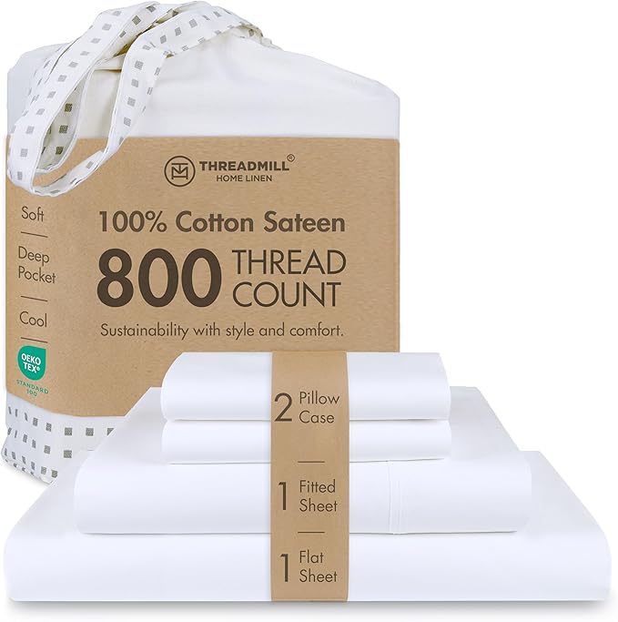 Threadmill Luxury 800 Thread Count California King 100% Cotton Sheets - Hotel White Sateen Weave Bed-Sheets, Better Than Egyptian Cotton, 4 Pc Solid Bed Set, Fits 16" Deep Pocket