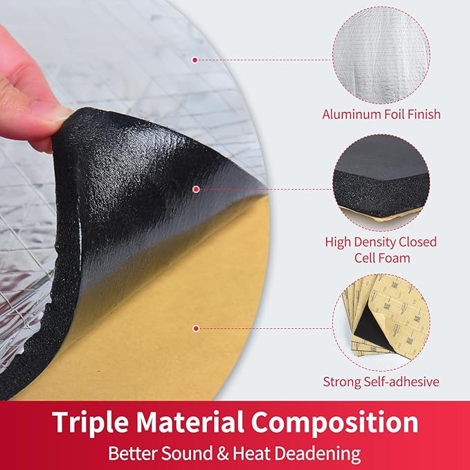 197mil 49.73sqft Sound Deadening Mat, Heat Shield Automotive Carpet Car Insulation Foam Board Sound Dampening, Aluminum Foil Finish Noise Insulation and Vibration Dampening Material