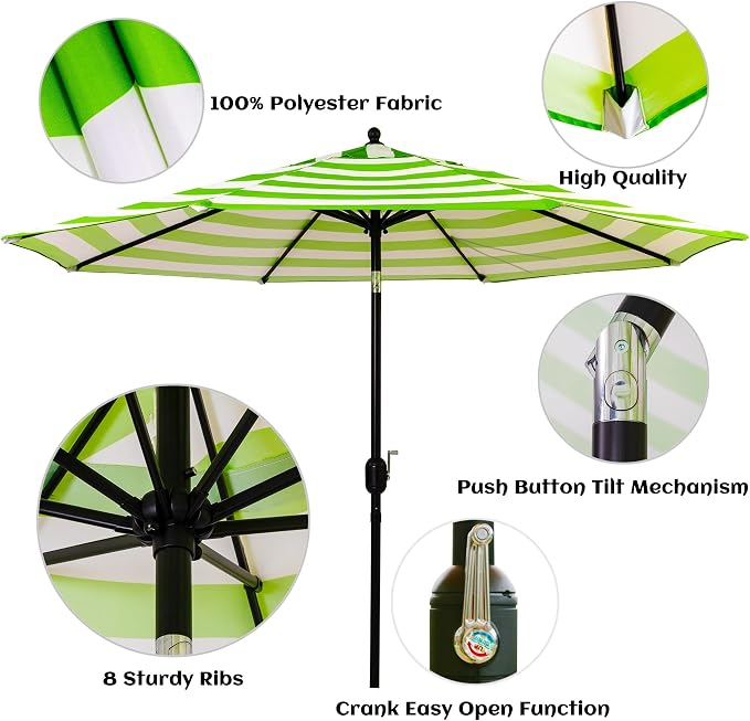 Sunnyglade 9' Patio Umbrella Outdoor Table Umbrella 8 Ribs Green and White | - Image 3
