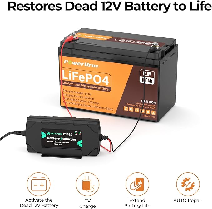 12V 100Ah LiFePO4 Battery with 12V 20A LiFePO4 Battery Charger, PowerUrus 4000-8000 Cycle Rechargeable Lithium Battery with Smart APP, 12V 100Ah Lithium Battery for RV, Marine, Off Grid Application