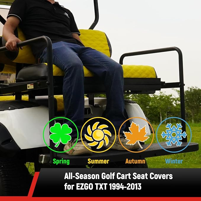Golf Cart Seat Covers Front and Rear Waterproof and Sun Resistant Marine Grade Vinyl Leather Seat Cover Accessories for EZGO TXT 1994-2013, Yellow(4PCS)