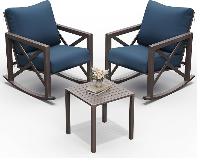 UDPATIO Rocking Chair Outdoor Oversized Metal Bistro Set 6.5" Cushion Navy | 3 by UDPATIO