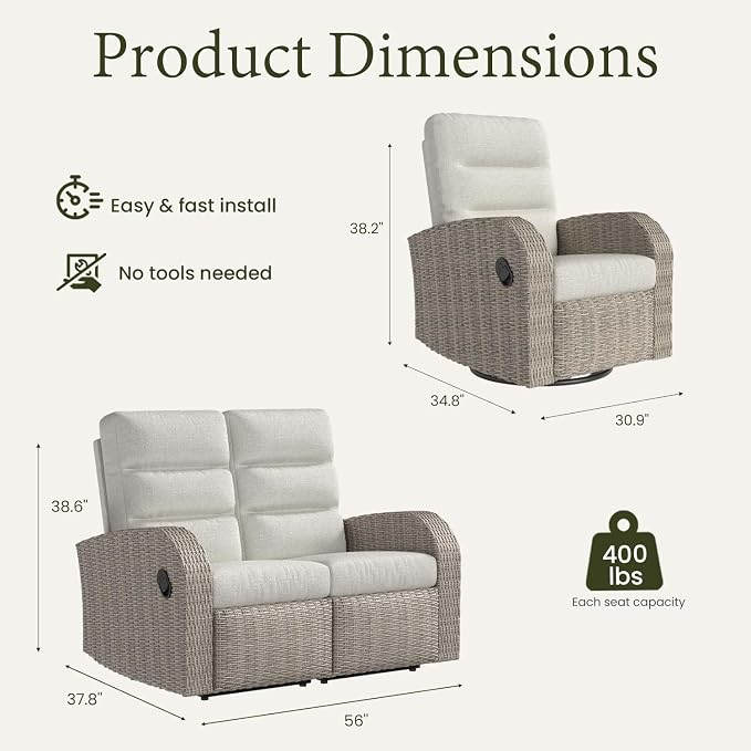 Oversized 3 Pieces Wicker Outdoor Recliner Loveseat - Image 2