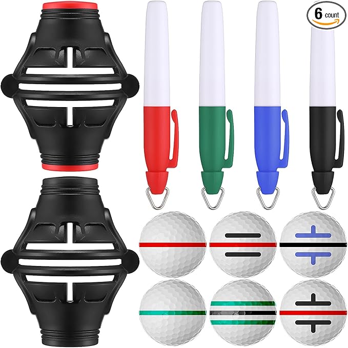 6 Pack Golf Ball Marker Line Tool 360 Degree Triple Line Ball Marker Stencil Tool Golf Accessories for Men with 2 Marking Stencils and 4 Vibrant Colors Pen