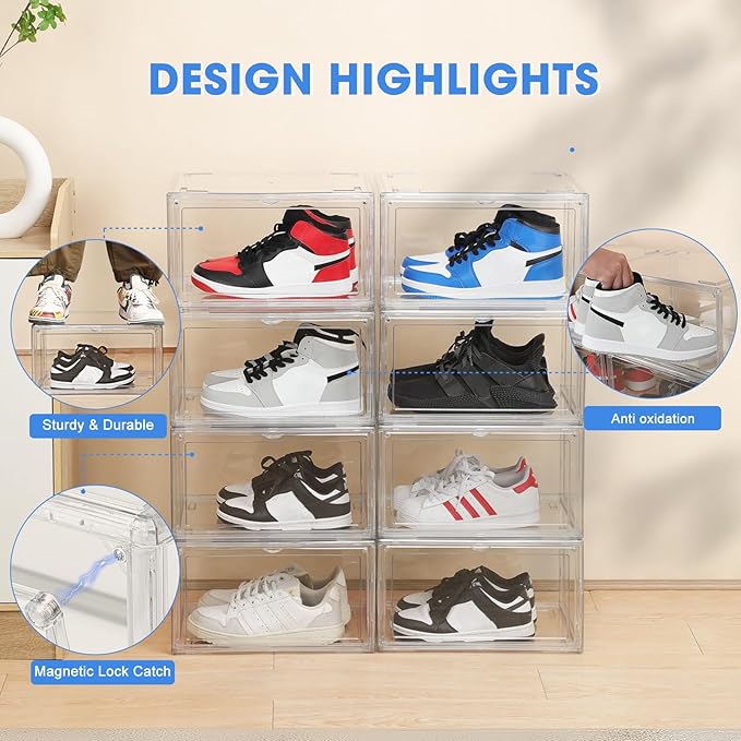 HIYOHIYO Acrylic Clear Shoe Storage Boxes Stackable for High-end Sports Shoes 360° Fully Transparent Display Box with Magnetic Door Suitable for Ankle Boots High Heels Size 14 (1-Pack)