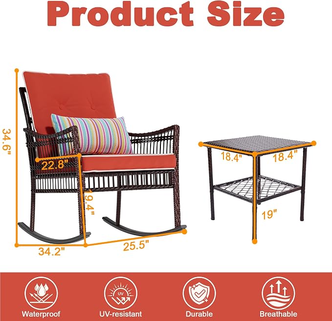 DECMICO 3-Piece Outdoor Rocking Chair Set, Wicker Bistro Furniture | Orange - Image 3
