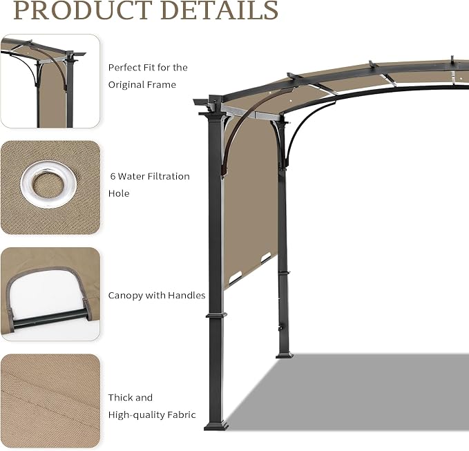 200x103 in Pergola Canopy Replacement Shade Cover Only, Khaki | Fits 10x10 ft - Image 4