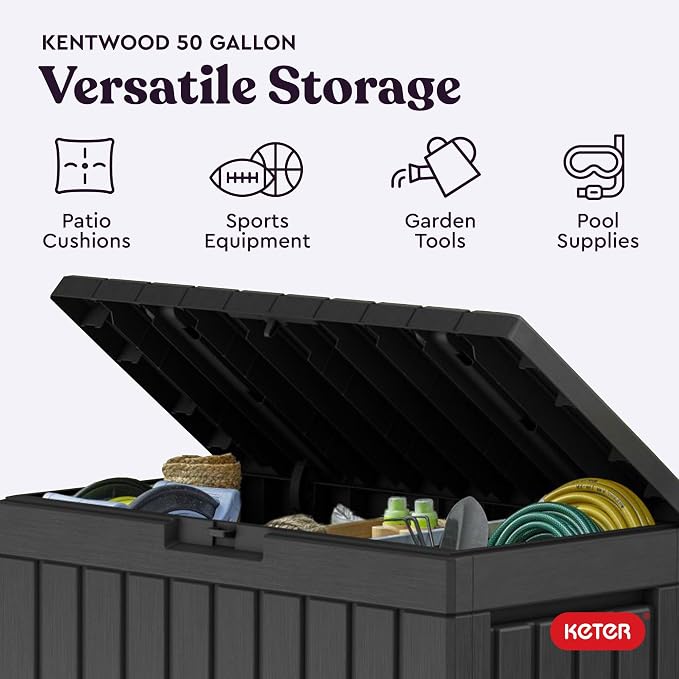 Keter Kentwood 50 Gal Outdoor Storage Box and Patio Side Table | Grey, - Image 4