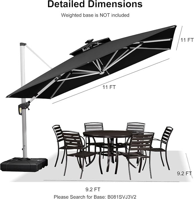 PURPLE LEAF Cantilever Umbrella 11'X11' Double Top Solar LED Light, Stays bright - Image 8