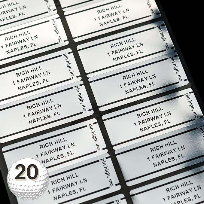 PIN HIGH 20 Personalized Golf Club Labels | Weatherproof, Fade Resistant, Laminated Thermal Transfer Customer ID Labels, Made in The USA, (Free Customization & Shipping), Chrome