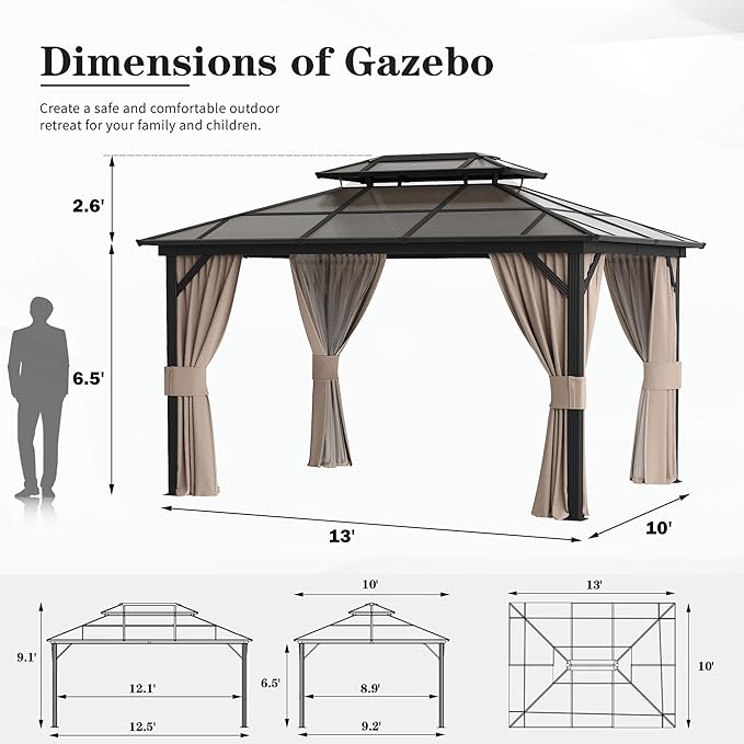 10'x13' Hardtop Gazebo, Outdoor Polycarbonate Double Roof Canopy, Aluminum - Image 2