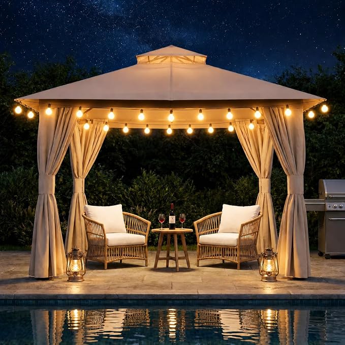 8'x8' Outdoor Gazebo with 50FT String Lights, Metal Heavy Duty Patio Canopy by LAUSAINTHOME