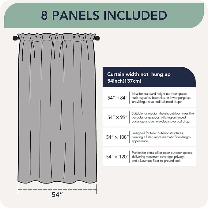 White Outdoor Curtains for Patio Waterproof, 8 Panels, Rod Pocket | - Image 6