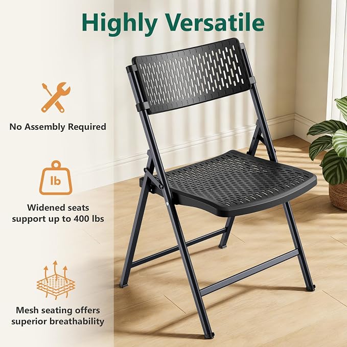 Black Folding Chairs 4-Pack, Breathable Plastic - Image 4