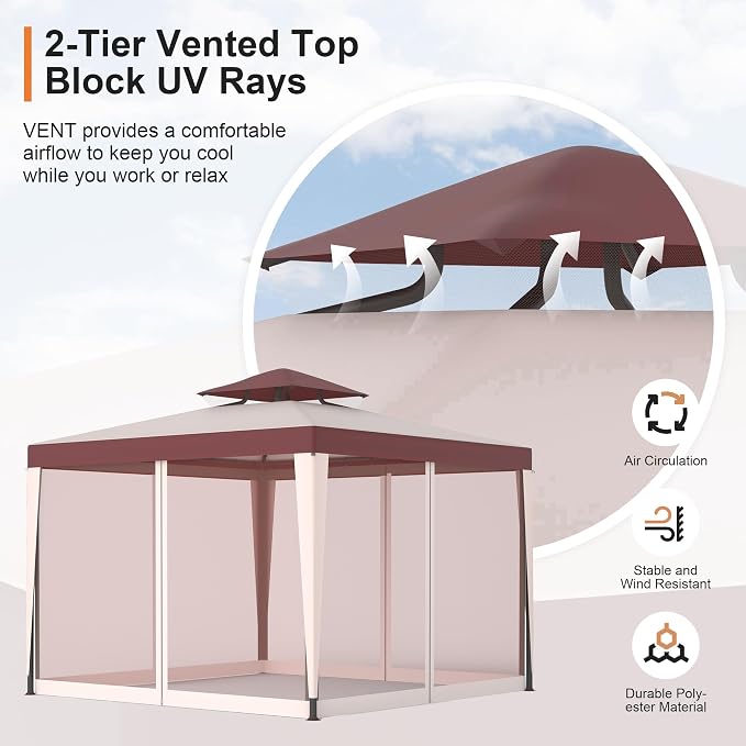 10’x10’ Patio Gazebo Canopy Tent w/Removable Netting, Ventilated Double-tier Top - Image 4