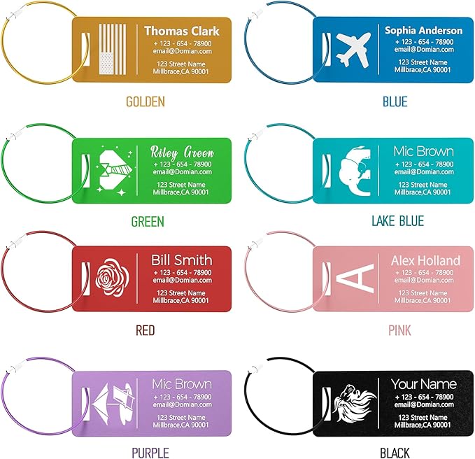 4 Pack Personalized Luggage Tags, Custom Engraved Aluminum Luggage Tags with Your Personalized Text, Waterproof Metal Name Tags with Steel Loop for Bags, Suitcase, Baggage, Backpack (Purple, Small)
