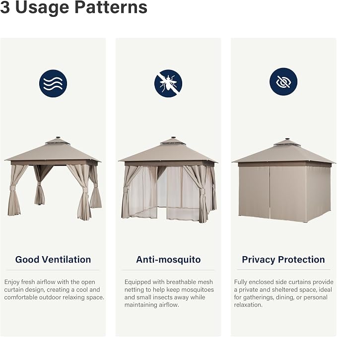 10'x10' Outdoor Gazebo with LED Lights, Metal Heavy Duty Patio Canopy Tent with - Image 8