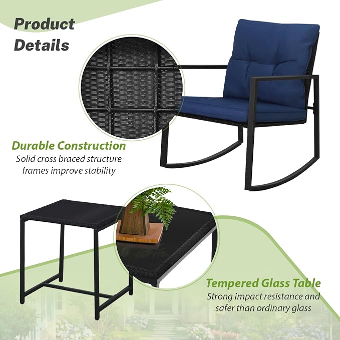 SUNCROWN 3 Piece Outdoor Rocking Bistro Set Black Wicker Furniture Porch Chairs - Image 5