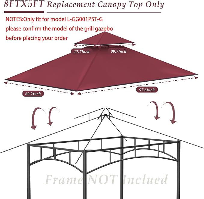 5x8Ft Grill Gazebo Replacement Top, Burgundy Canopy Top Cover Only | - Image 3