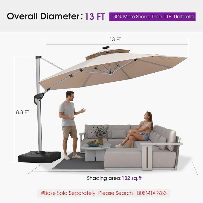 PURPLE LEAF Cantilever Umbrella 13ft Solar LED Light Double Top, Support to - Image 8