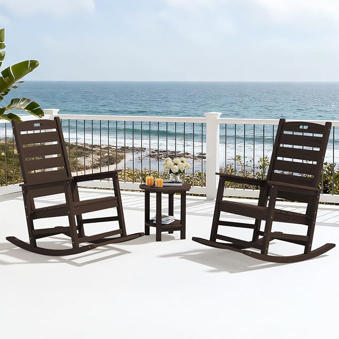 SERWALL Outdoor Rocking Chair Set of 2, Oversized HDPE Rocker, Coffee | Heavy - Image 9
