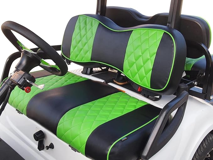 Huskey 2PCS Golf Cart Front Seat Covers for EZGO RXV 2008-UP G&E Models Custom Two-Tone Black/Lime Green Diamond Stitching with Lime Green Piping, Marine Grade Vinyl Material, Staple on Design