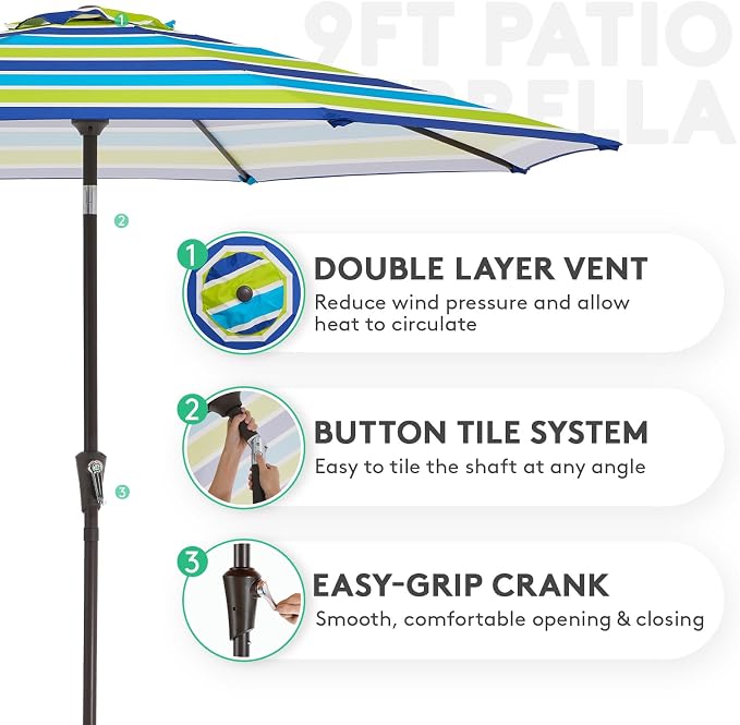 JEAREY 9FT Outdoor Patio Umbrella, Bold Blue & Green Stripe | Outdoor Table - Image 2