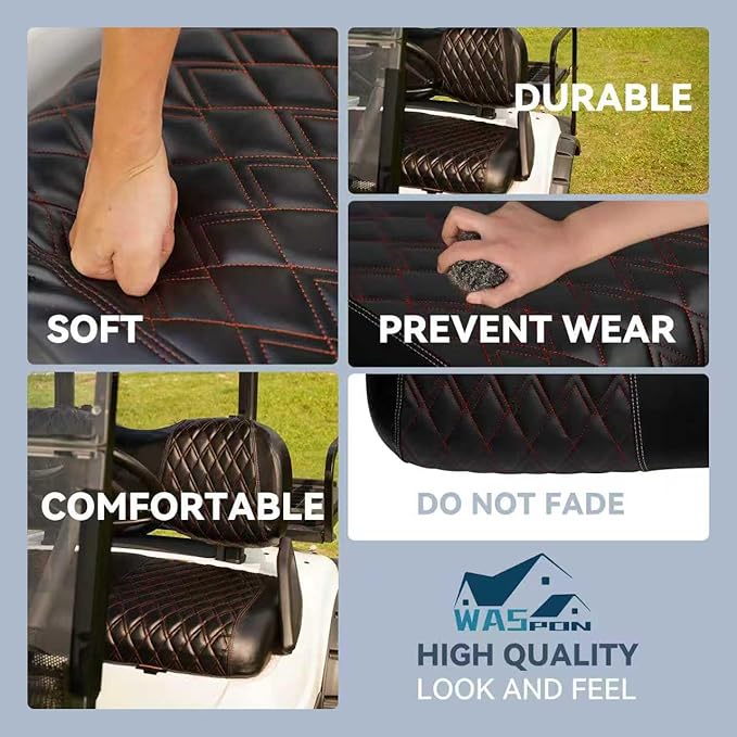 4PCS Golf Cart Diamond Seat Covers Kit, Fits Yamaha G29/Drive/Drive 2 2007+ Golf Cart Vinyl Replacement Seat Cover （Black Stitching, No Stapler, Easy to Clean）