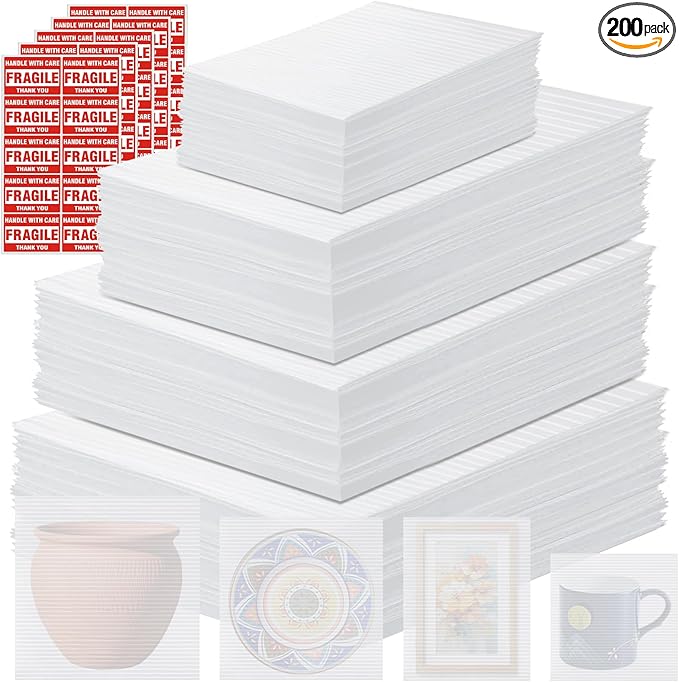 250PCS Packaging Supplies,200 Pack Foam Pouches 4 Sizes(14"x14", 12"x12", 12"x7.5", 7.5"x7.5") with 50 Fragile Stickers,Cushion Foam Pouch for Moving,Packing,Transportation,Storage