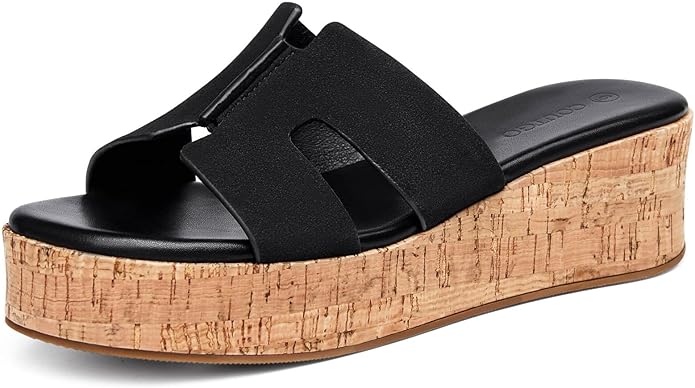 Coutgo Womens Platform Wedge Sandals Open Toe Slip On Slides Cork Heeled Comfortable Shoes
