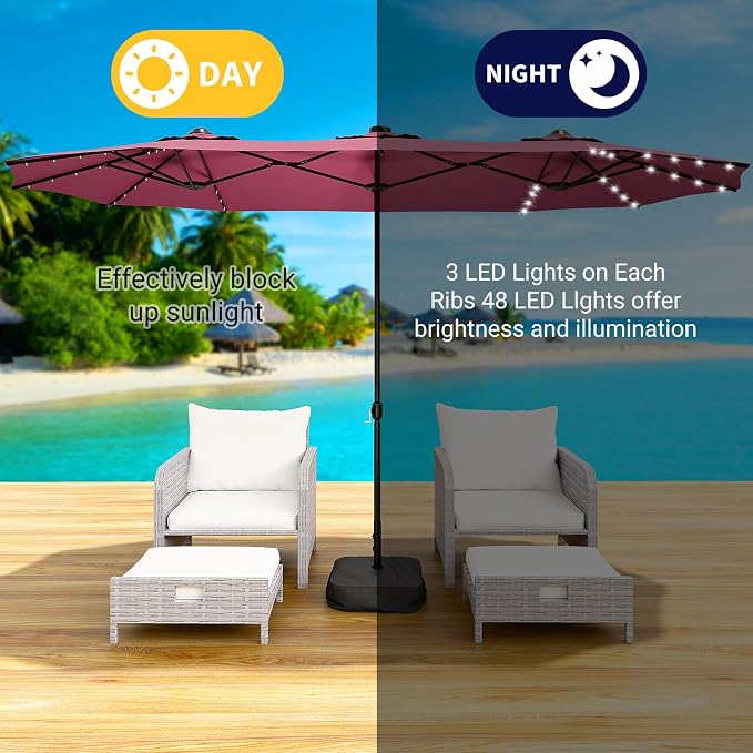 15FT Large Patio Umbrella with Base & Solar LED Lights - Image 2