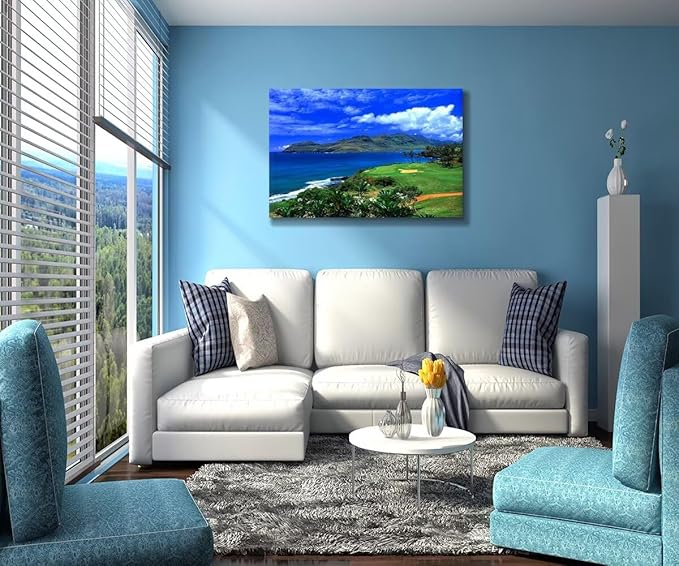 chenchenArt Lagoons Golf Course Wall Art for Living Room Bedroom Bathroom Home Decoration Hawaii Ocean Golf Course Picture Poster Canvas Prints Modern Artwork Framed Ready to Hang(24''H x 36''W)