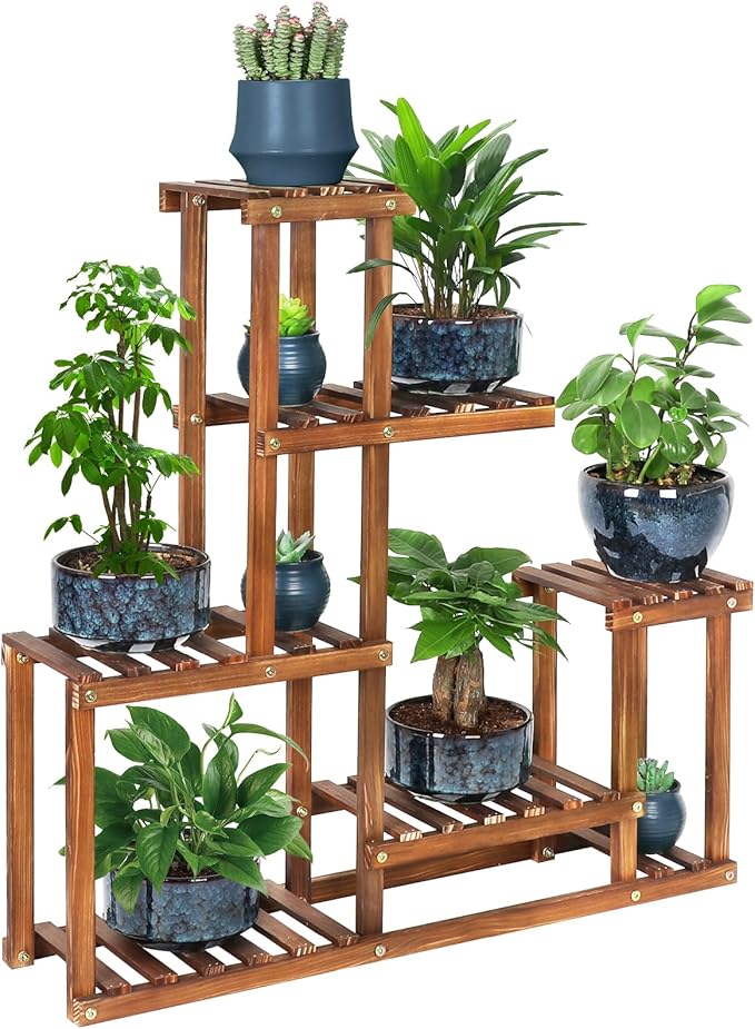 Wood Plant Stand Indoor Outdoor Multi Tiered Plant Shelf Holder | Corner High by COOGOU